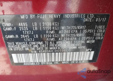 2017 Subaru Outback 2.5I Premium z USA, uszkodzony, nr VIN 4S4BSAHC3H3328025